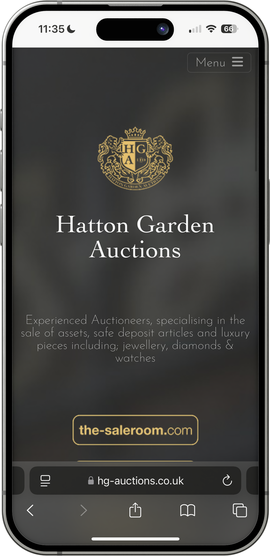 An image of an iPhone 15 Pro displaying Hatton Garden Auction's website on it