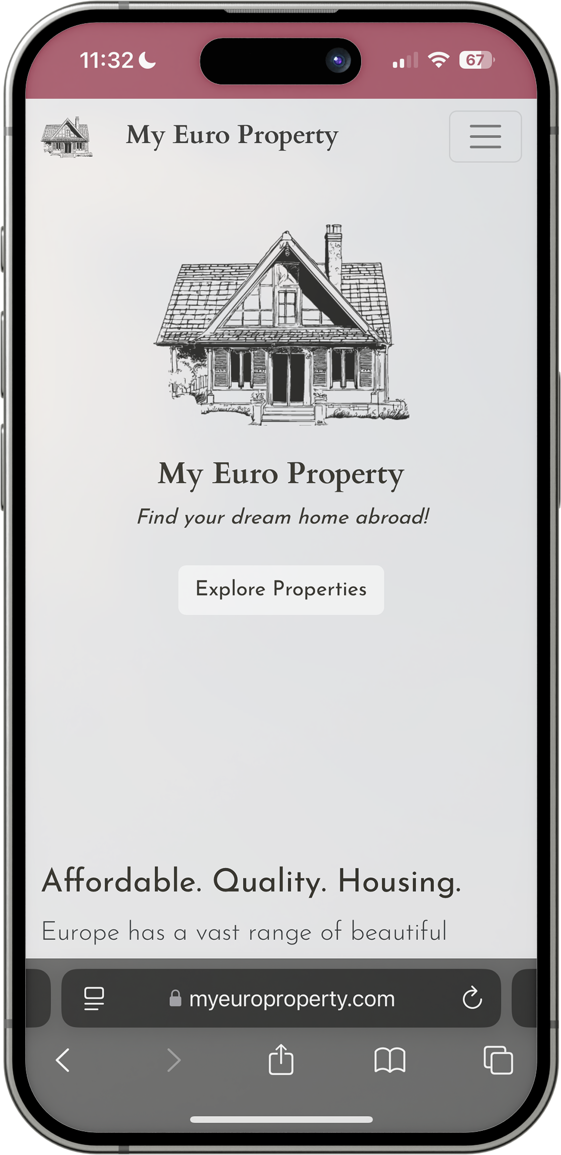 An image of an iPhone 15 Pro displaying My Euro Property's website on it