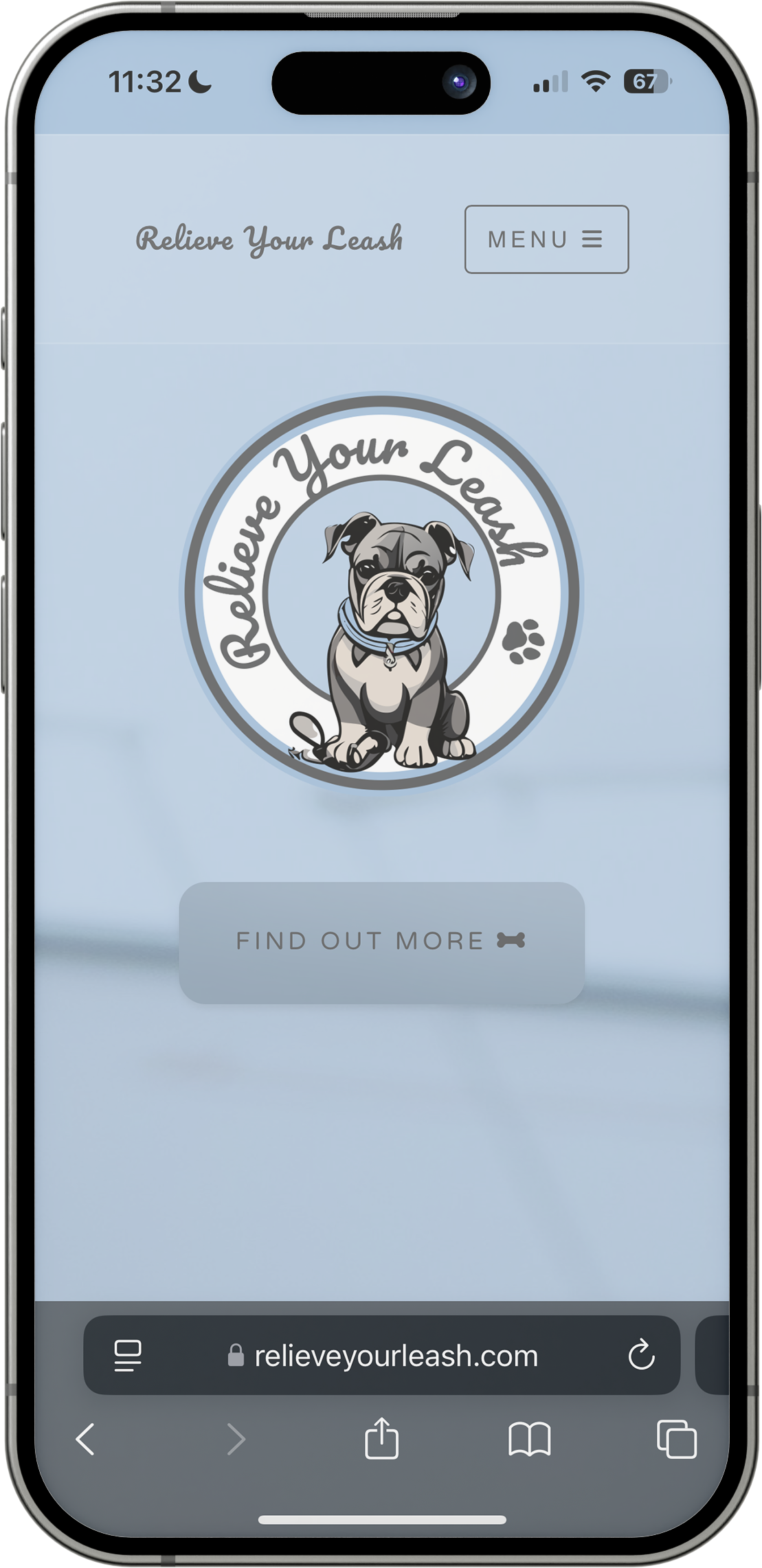 An image of an iPhone 15 Pro displaying Relieve Your Leash's website on it